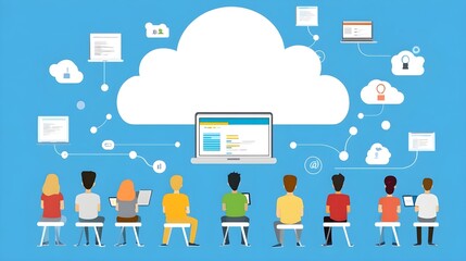 Digital teamwork in cloud computing with abstract people and devices, showcasing collaboration and technology in business.