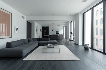 Wall Mural - Modern minimalist living room with large windows and sleek furnishings.