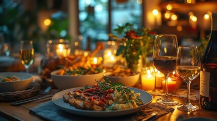 A cozy dinner setting with various dishes and candlelight ambiance.