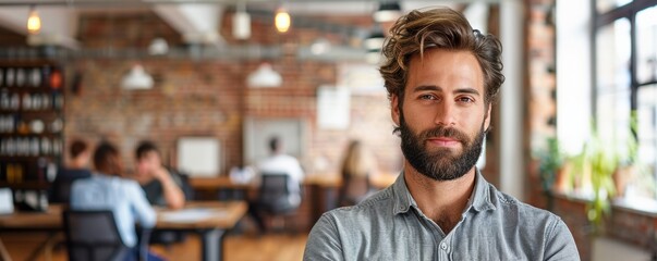 Wall Mural - A young, bearded man with a confident expression stands in a modern, open-plan office, emphasizing a productive and collaborative work environment