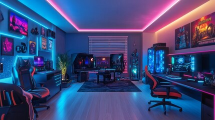 A high-tech gaming room with VR gear, motion sensor lighting, and a dynamic, futuristic setup