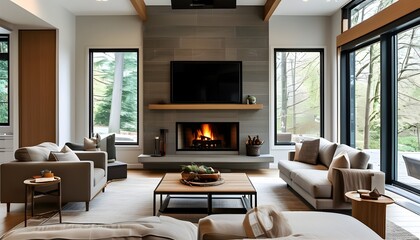 Cozy modern living room with fireplace, abundant natural light, and inviting furniture creating a warm and welcoming atmosphere