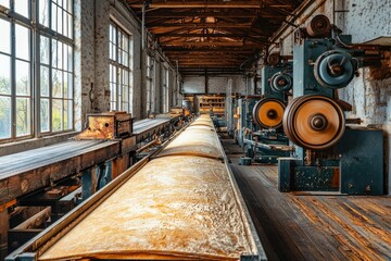 Wall Mural - Abandoned Industrial Factory with Woodworking Machinery and Conveyor Belt