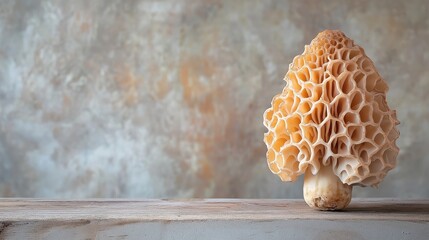 Sticker - Close-up of a wild morel mushroom showcasing its intricate honeycomb-like structure on a simple wooden surface with a neutral background