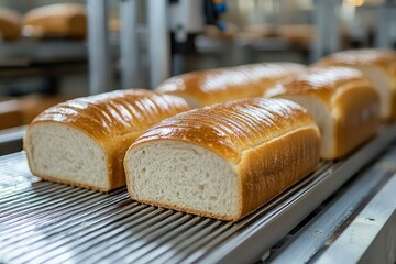 Canvas Print - Freshly Baked Loaves of Bread on a Conveyor Belt