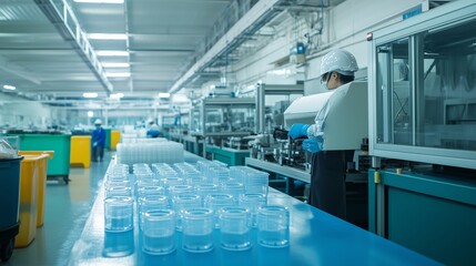 Sticker - Manufacturing process in a large factory showcasing a worker handling machinery and glass containers during daylight hours