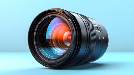 Wall Mural - Professional camera lens, front view, colorful glass reflections, pale blue background on left, high-detail product photography, sharp focus, realistic lens elements.