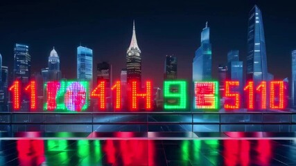 Poster - Red and green neon numbers in front of a city skyline at night.