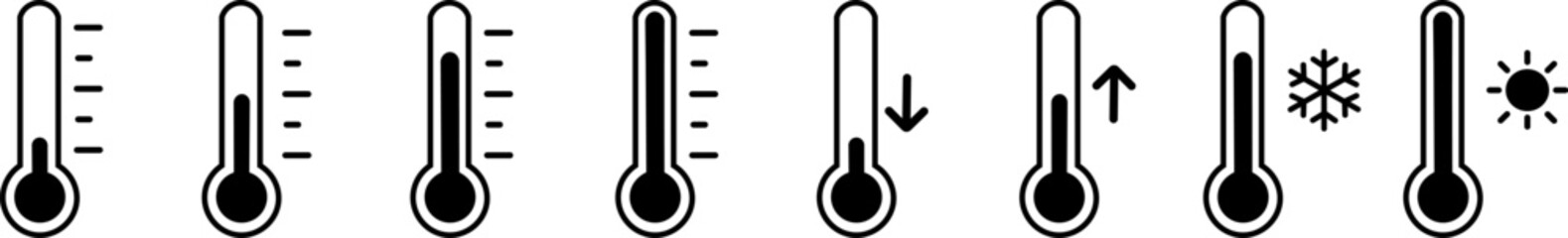 thermometer with temperature scale, climate control, weather change, vector flat two-color icons wit