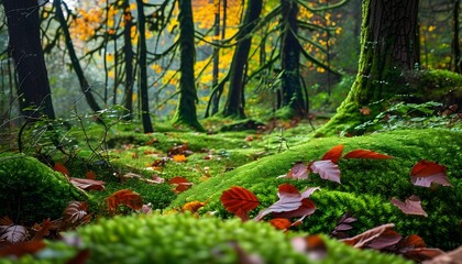 Wall Mural - Tranquil Forest Scene with Lush Green Moss and Vibrant Autumn Leaves