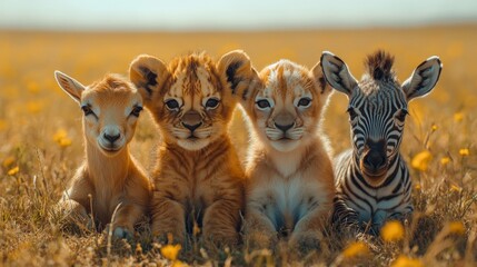 4 cute wild animals, a giraffe, a lion cub, a baby goat, a zebra are all sitting together on row on field.