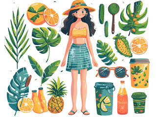 Wall Mural - A woman is standing in front of a tropical scene with a hat on. The scene is filled with various fruits and drinks, including a cup of juice. The woman is enjoying the tropical atmosphere