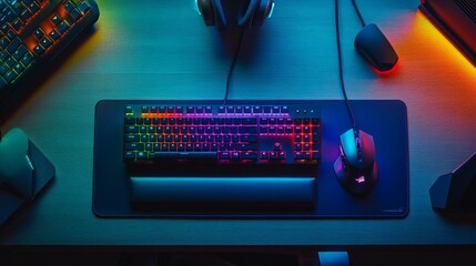 A top-down view of a gaming table with a vibrant RGB-lit keyboard, mouse, and a large mouse pad.