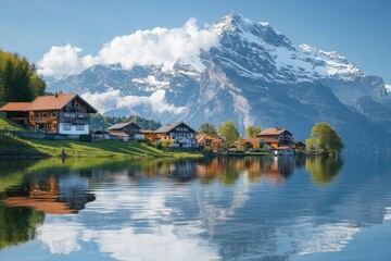 Wall Mural - A small beautiful village in front of a snow capped mountain at a calm lake with reflection 