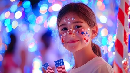 Smiling girl with festive face paint celebrates with American flags.