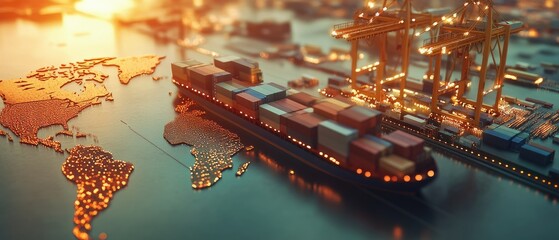 3D rendered import export logistics, world map, visualizing global cargo transport -