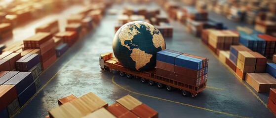 3D rendered import export logistics, world map, visualizing global cargo transport -