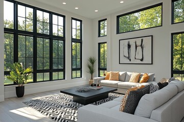 Wall Mural - Modern living room with large windows and stylish furniture.