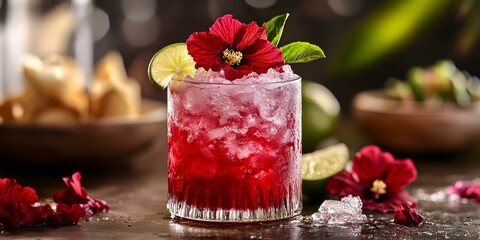 Canvas Print - Red cocktail with hibiscus flower and lime.