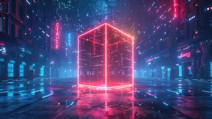 Wall Mural - Abstract red neon box in city or street with blue sparks background and wallpaper
