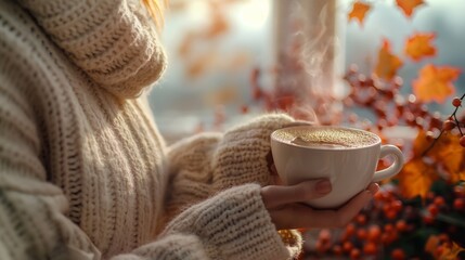 A woman in a cozy sweater holding a steaming mug of hot cocoa, in cozy indoor setting with autumn decorations