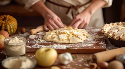 a kitchen scene with a person rolling out dough and preparing apple or pumpkin pies, with ingredient