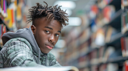 Male student learning at high school library looking at camera