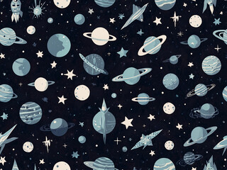 Wall Mural - Repeating pattern of mini, stylized space-themed elements like planets, rockets, and stars