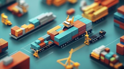 3D rendered import-export logistics, flat design, visualizing global cargo transport