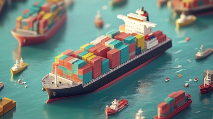 3D rendered import-export logistics, flat design, visualizing global cargo transport