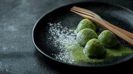 A delicate plate of matcha green tea mochi with powdered matcha dusting the surface, served with a tiny wooden fork on a minimalist black plate