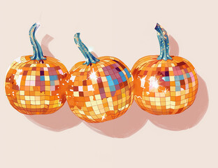 Wall Mural - Three orange pumpkins with blue stems are arranged in a row. The image has a disco vibe, with the pumpkins being the main focus