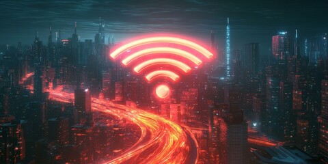 Wall Mural - Red glowing Wi-Fi symbol over futuristic city.