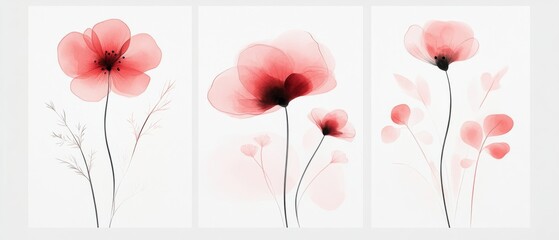 Wall Mural - Abstract Floral Art Featuring Pink and Red Flowers on a White Background. Minimalist Vector Illustration with Simple Lines and Shapes, Presented as a Triptych.