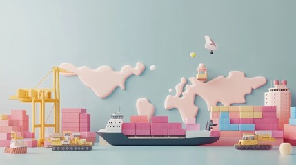 3D rendered import-export logistics in pastel tones, flat design, visualizing global cargo transport