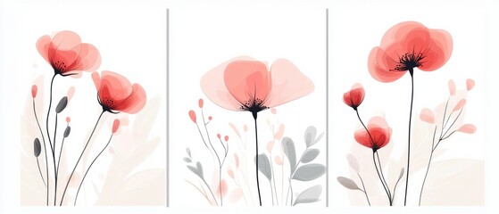 Wall Mural - Abstract Floral Art Featuring Pink and Red Flowers on a White Background. Minimalist Vector Illustration with Simple Lines and Shapes, Presented as a Triptych.