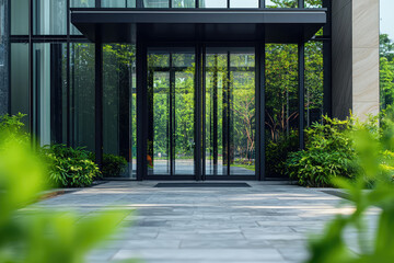 Wall Mural - A modern building entrance with glass doors surrounded by greenery