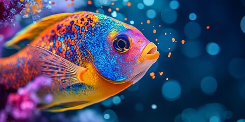 Wall Mural - Vibrant Neon Fish in Underwater Wonderland with Glowing Blue and Orange Hues