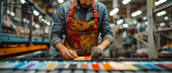 In a professional workshop, a man works with colorful materials, wearing gloves and a stained apron. The well-organized setting hints at a mix of creativity and industrial work.