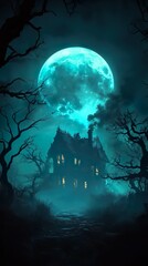 Mystical Halloween night bats ghostly figures under glowing moon wallpaper