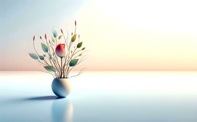 Tiny plant and colorful flowers in vase on a subtle color background