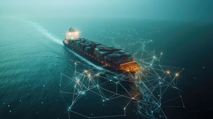 Container ship at sea with digital network links, digital trade network connection concept, global shipping industry