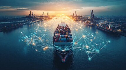 Wall Mural - Container ship at sea with digital network links, digital trade network connection concept, global shipping industry