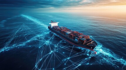 Wall Mural - Container ship at sea with digital network links, digital trade network connection concept, global shipping industry