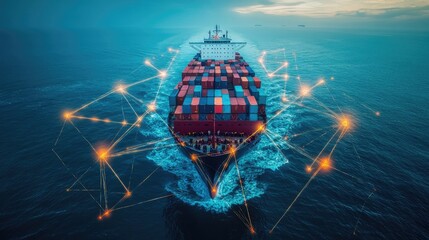 Wall Mural - Container ship at sea with digital network links, digital trade network connection concept, global shipping industry