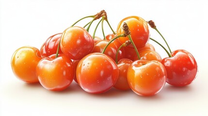 Vibrant and Glossy Freshly Washed Ripe Red Cherries on White Background