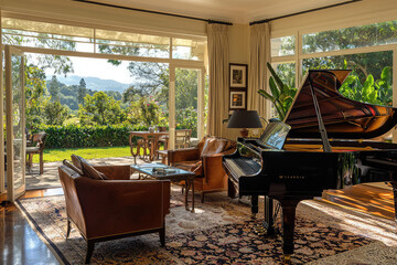 A cozy lounge featuring grand piano and beautiful garden view