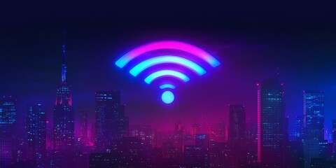 Wall Mural - Neon wifi symbol above glowing city skyline.