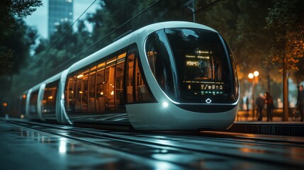 Futuristic AI-driven eco-friendly public transportation: Electric buses and trains managed by AI to optimize routes, energy consumption, and passenger comfort.