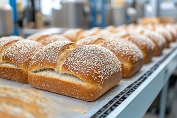 Wall Mural - Freshly Baked Loaves of Bread with Sesame Seeds on a Conveyor Belt